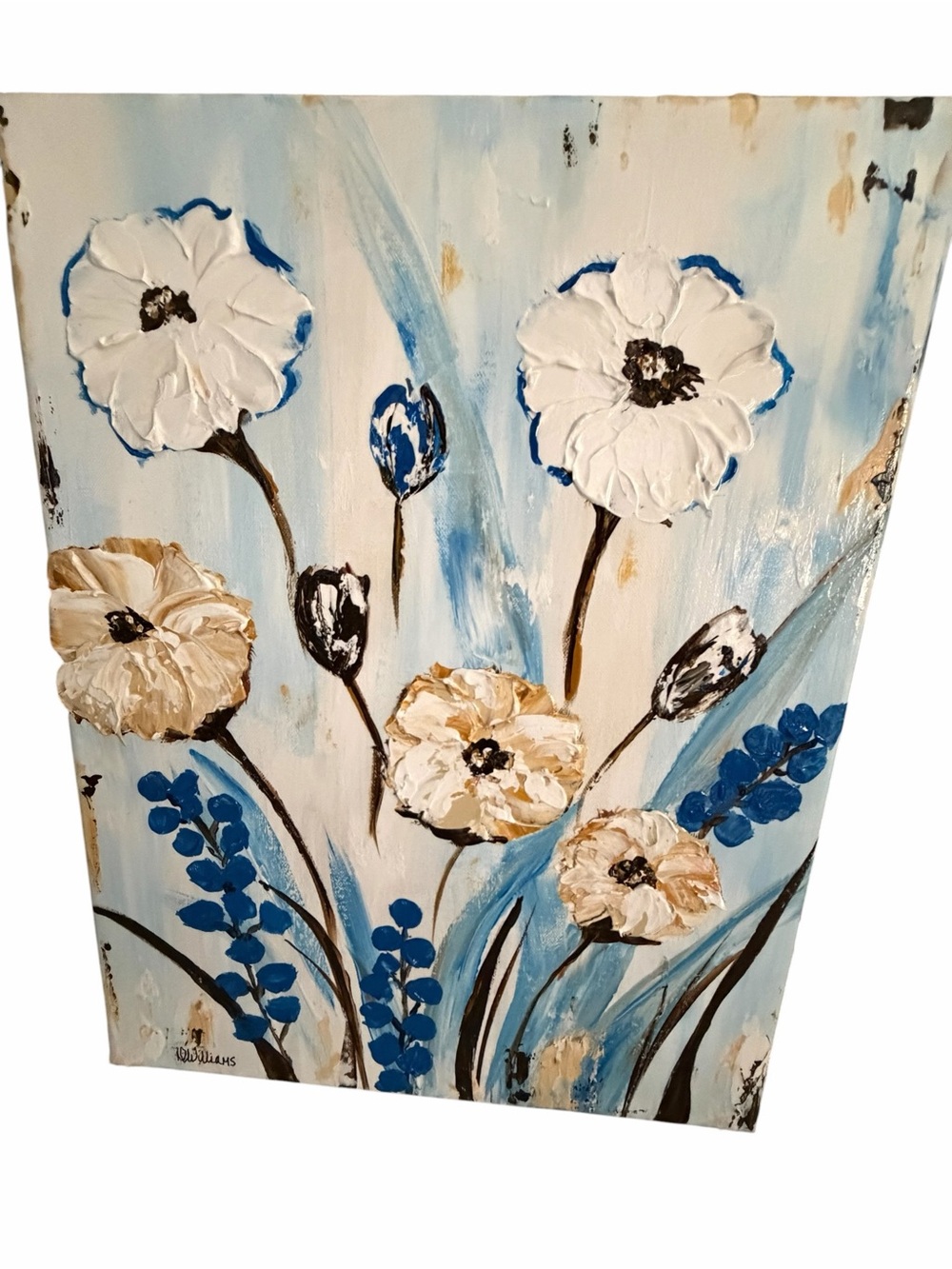 NWT Acrylic Textured Floral Canvas Painting in White, Blue & Cream 14 x 18" - Picture 3 of 14